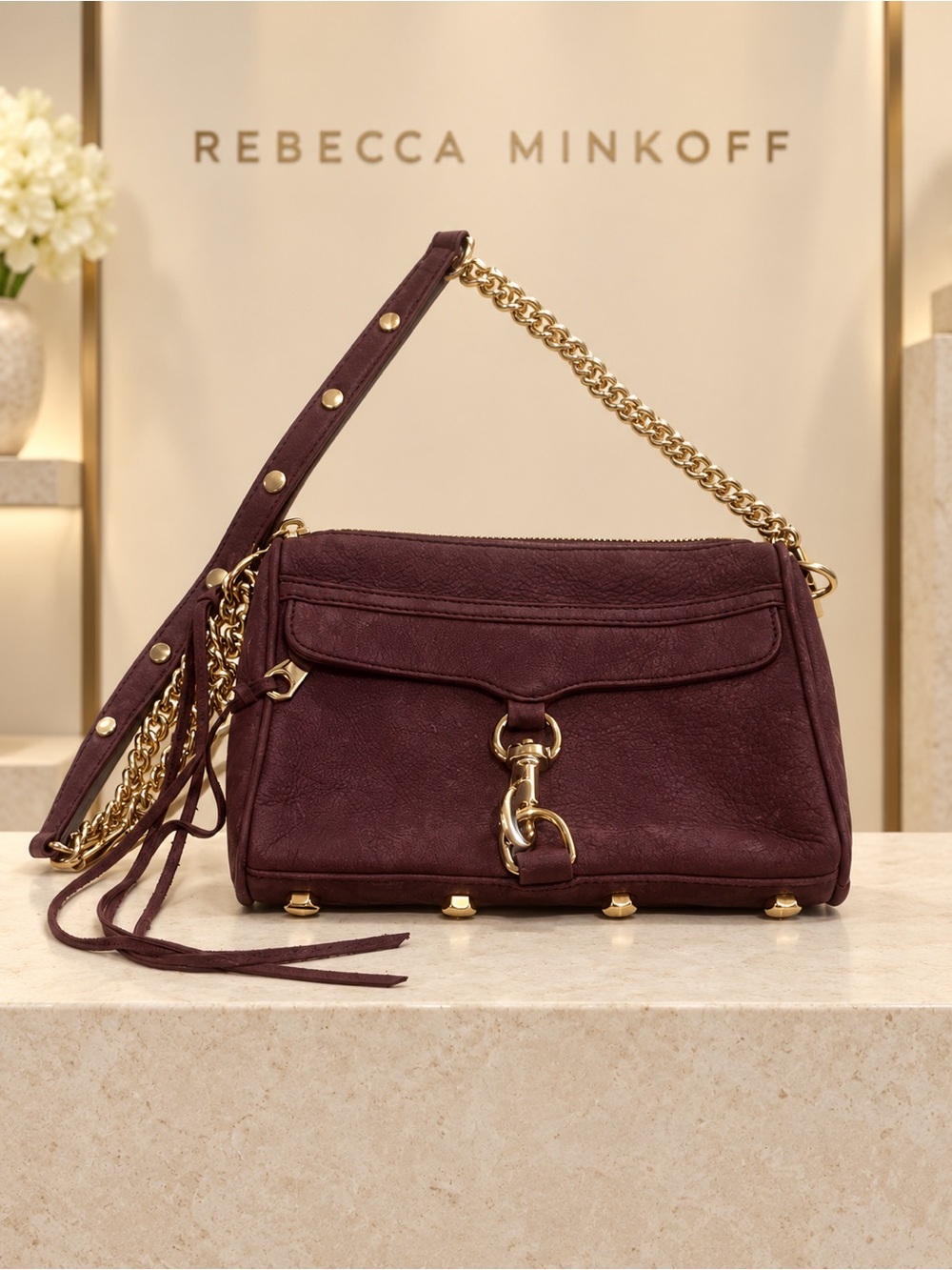Rebecca Minkoff Burgundy Leather Crossbody Bag Gold Chain & Tassels
